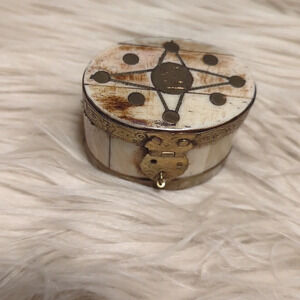 Old vintage camel bone trinket jewelry box with brass inlay